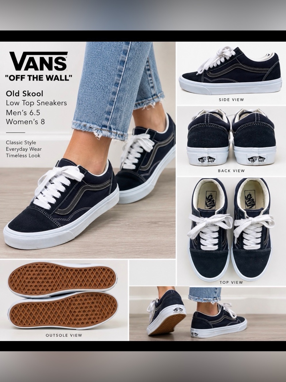 Vans Old Skool Navy Black White Low Top Sneakers Men 6.5 Women 8